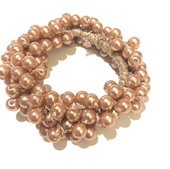 Faux Pearl Hair Scrunchie Tie Accessory Stretchy New Tan Neutral - Picture 2 of 3